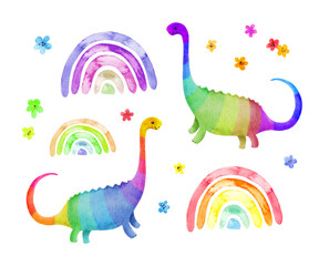 Cute dinosaurs, rainbows, flowers set. Decorative childish dino bundle. Watercolor kids clip art
