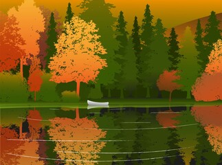 Vector illustration landscape with river and forest poster