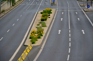 horizontal stripes for traffic signs. highway concrete barriers on the road. vehicle lane...