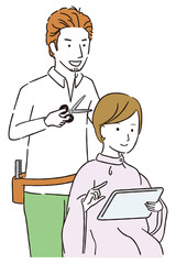 線画カラーイラスト　美容院　カット　イケオジ美容師
