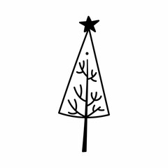 Single hand drawn New Year and Christmas tree. Doodle vector illustration for winter greeting cards, posters, stickers and seasonal design.