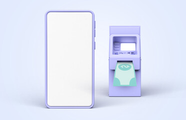 Mobile 3d rendering and ATM illustration on pastel background.