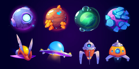 Alien spaceship, fantasy planets game icons vector set. Funny rockets, ufo shuttles cartoon collection illustrations isolated on white background. Cute cosmic objects, computer game graphic elements © klyaksun