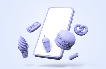 Minimal background for online food delivery concept, mobile phone with food and beverage on pastel background, .3D Illustration display.