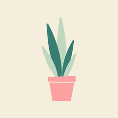 House potted plant. A plant with leaves in a pink pot isolated.  Vector cartoon flat illustration. 