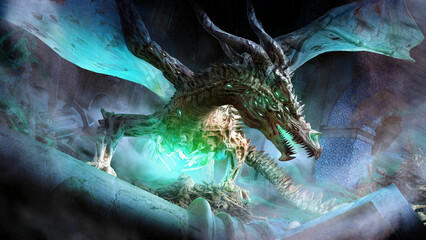 A creepy homunculus dragon with melted skin and a dozen glowing green eyes over his body, he is a creature of necromancy, ominously striding over the bones in ancient eastern temple. 3d rendering © warmtail