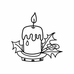 Single hand drawn candle for New Year and Christmas greeting cards, posters, stickers and seasonal design. Isolated on white background. Doodle vector illustration.