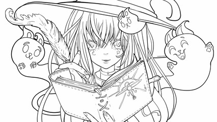 A quirky cute anime girl , she is a witch in a hat writing something in her notebook with a magic pen, turquoise ghosts of cute cats are flying around 2d comic art