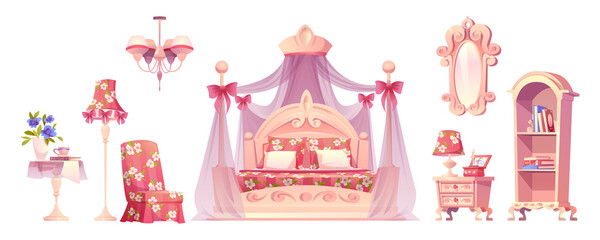 Pink bedroom, princess room furniture with floral pattern. Luxury interior elements, romantic vintage bed with canopy, floor and ceiling lamp, mirror, table and armchair, isolated cartoon vector set © klyaksun