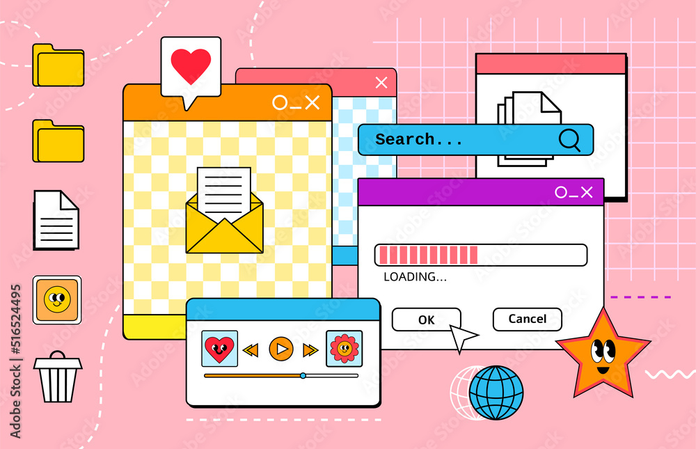 Fototapete vaporwave pc desktop with different message boxes and user interface elements. vector illustration o