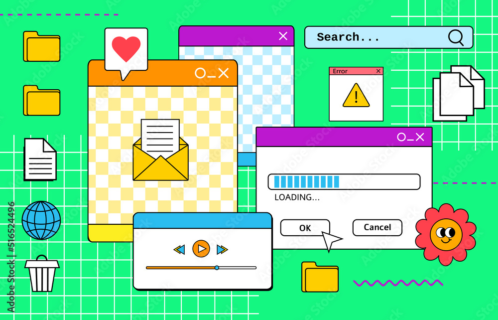 Fototapete vaporwave pc desktop with different message boxes and user interface elements. vaporwave style ui ve