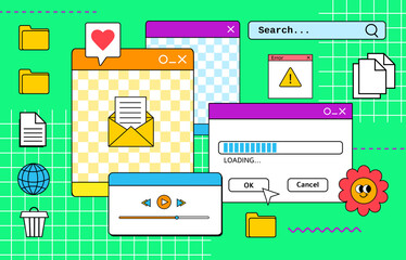 Vaporwave pc desktop with different message boxes and  user interface elements. Vaporwave style UI vector illustration. Retro browser computer window 90s