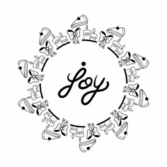 Cute doodle Christmas mandala with a delicious cake, candles and a beautiful bow, as well as a cute inscription on white background. Hand drawn vector illustration for coloring page and artbooks