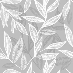 Leaves and branches vector seamless pattern. White and gray background with twigs. Vector illustration. Hand drawn eucalyptus, laurel twig. Abstract plant motif