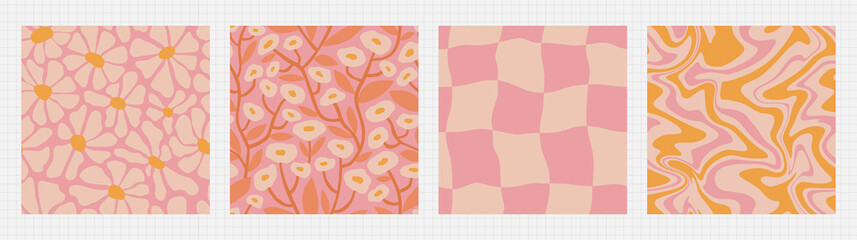 Groovy summer seamless pattern set - floral, checkered, marble. Funky retro aesthetic prints for modern fabric design with melting organic shapes.