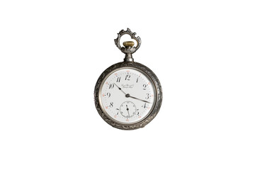 Fototapeta na wymiar Silver mechanical antique pocket watch on white isolated background. Retro pocketwatch with second, minute and hour hand. Old round clock with dial for gentleman. American vintage timepiece.