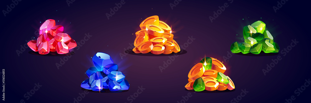 Poster treasure icons with piles of gold coins and gem stones. vector cartoon set of game assets with heaps