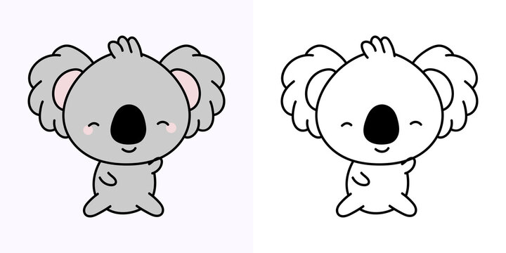 Cute Koala Clipart Illustration and Black and White. Funny Clip Art Koala. Vector Illustration of a Kawaii Animal for Coloring Pages, Stickers, Baby Shower, Prints for Clothes