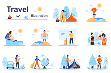 Travel concept scenes seo with tiny people in flat design. Men and women camping, sunbathing on beach, hiking, swim, traveling by car or plane. Vector illustration visual stories collection for web