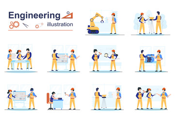 Engineering concept scenes seo with tiny people in flat design. Men and women in helmets working as architect and surveyor, drawing blueprints. Vector illustration visual stories collection for web