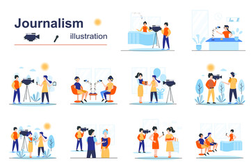 Journalism concept scenes seo with tiny people in flat design. Men and women work on television, recording TV shows, breaking news and news media. Vector illustration visual stories collection for web