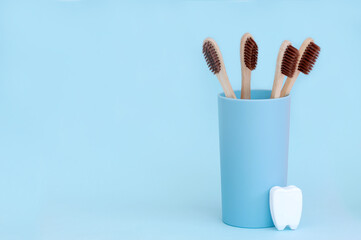 Bamboo toothbrushes and a white tooth on a blue background. Place for text. Background
