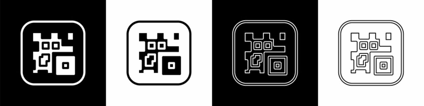 Set QR code sample for smartphone scanning icon isolated on black and white background. Vector