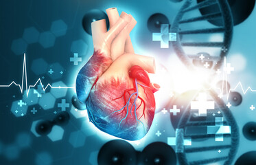 Human heart with dna strand on scientific background. 3d illustration..