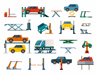 car lifting. mechanical and electrical platforms lifting cars. Vector colored pictures