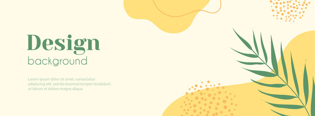 Minimalist long vector banner. Abstract organic floral summer tropical yellow background with copy space for text. Facebook cover template