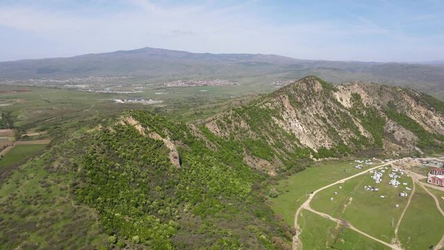 Aerial Spring view of Kozhuh Mountain and Petrich valley, Bulgaria