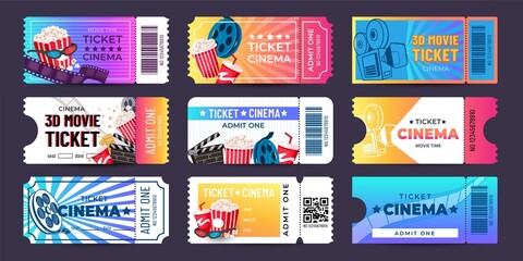 Movie tickets. Cinema event coupon with cartoon icons, retro entry admission ticket mockup design. Vector film festival invite banner collection - obrazy, fototapety, plakaty