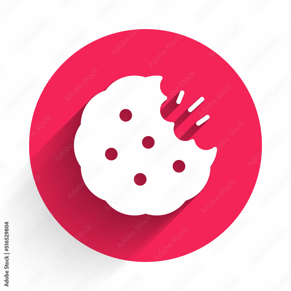 Poster white cookie or biscuit with chocolate icon isolated with long shadow background. red circle button.