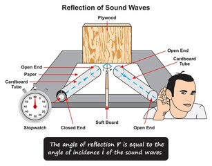 Reflection of sound waves infographic diagram physics science education lab experiment stopwatch cardboard tube audio waves reflected on plywood man hearing vector drawing illustration
