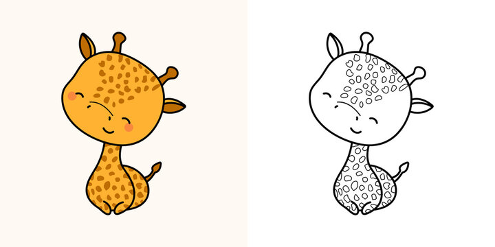 Cute Giraffe Clipart for Coloring Page and Illustration. Happy Clip Art Giraffe. Vector Illustration of a Kawaii Animal for Stickers, Prints for Clothes, Baby Shower, Coloring Pages