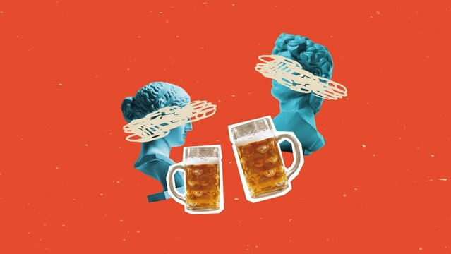 Contemporary art composition with bust of ancient statues and two glasses of light beer, lager. Surrealism. Stop motion animation