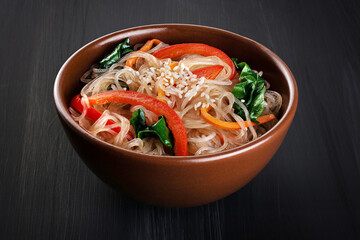 Rice glass noodles with vegetables bell peppers, carrots, spinach, sesame seeds and soy sauce. Vegetarian dish. With clipping path.