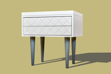 White bedside table with milled facades in shape of rhombs isolated on yellow background. Modern domestic furniture with stylish design for bedroom interior close view © timltv