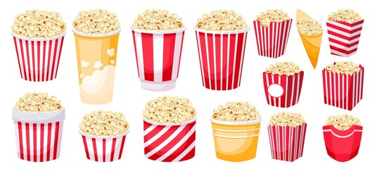 Popcorn buckets. Cartoon holiday snacks mockup for film and TV watching, large medium and small sizes of popcorn paper cups. Vector movie fun food set