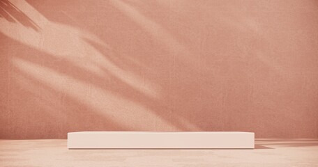 Podium, showcase on pastel stucco background. Abstract composition with branch, stone and shadow on the wall -3D render. Mock up for exhibitions, presentation and branding products, health care.