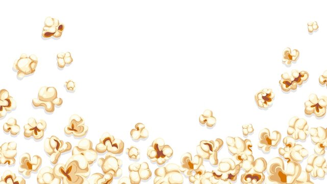 Falling popcorn background. Cartoon movie banner with fun cinema snacks of various shapes, framing cover with flying popping corn. Vector illustration