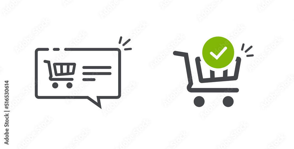 Poster shop cart icon line art outline vector with check mark and ecommerce basket trolley order sale notif