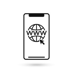 Mobile phone flat design icon with WWW globe sign.