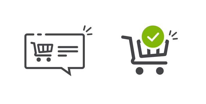 Shop cart icon line art outline vector with check mark and ecommerce basket trolley order sale notification bubble, internet web store element with cart full green check mark tick image