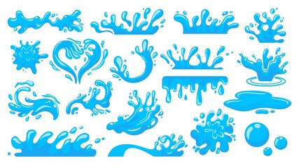 Fototapeta Water splash. Cartoon falling liquid drops, floating waves and stream, clean water concept, fluid motion concept. Vector water drop isolated collection obraz