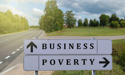 Road signs with the inscriptions Business and Poverty on the background of a fork in the road. Human life choice - concept