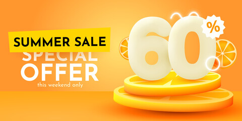 60 percent Off. Discount creative composition. Summer sale banner with orange. Sale banner and poster.