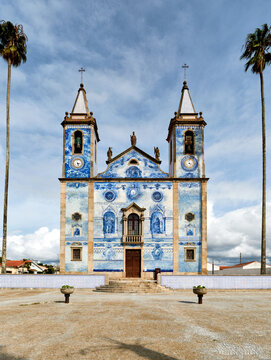 facade covered with azulejos of the church Santa Marinha in Cortegaca, Ovar district, Portugal
