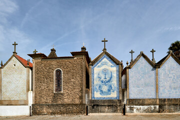 Obraz premium azulejos on the chapel of the cemetery near the church Santa Marinha in Cortegaca, Ovar district, Portugal