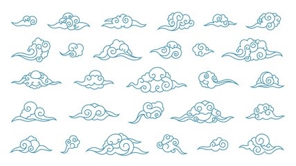 Chinese line clouds. Asian line ornament of nature elements, Korean Japanese oriental decoration art. Vector retro graphic on sky background texture